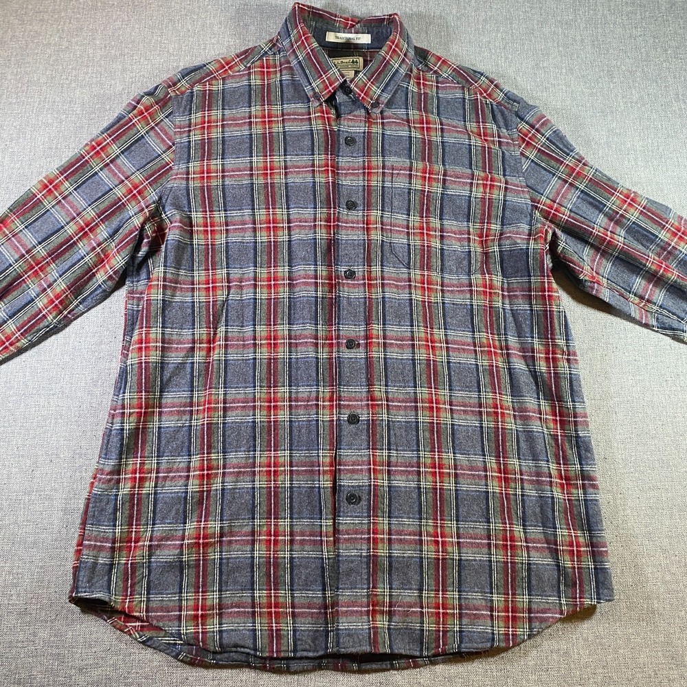 LL Bean Scotch Plaid Flannel Shirt Mens Size Large Washed Grey‎ Traditional